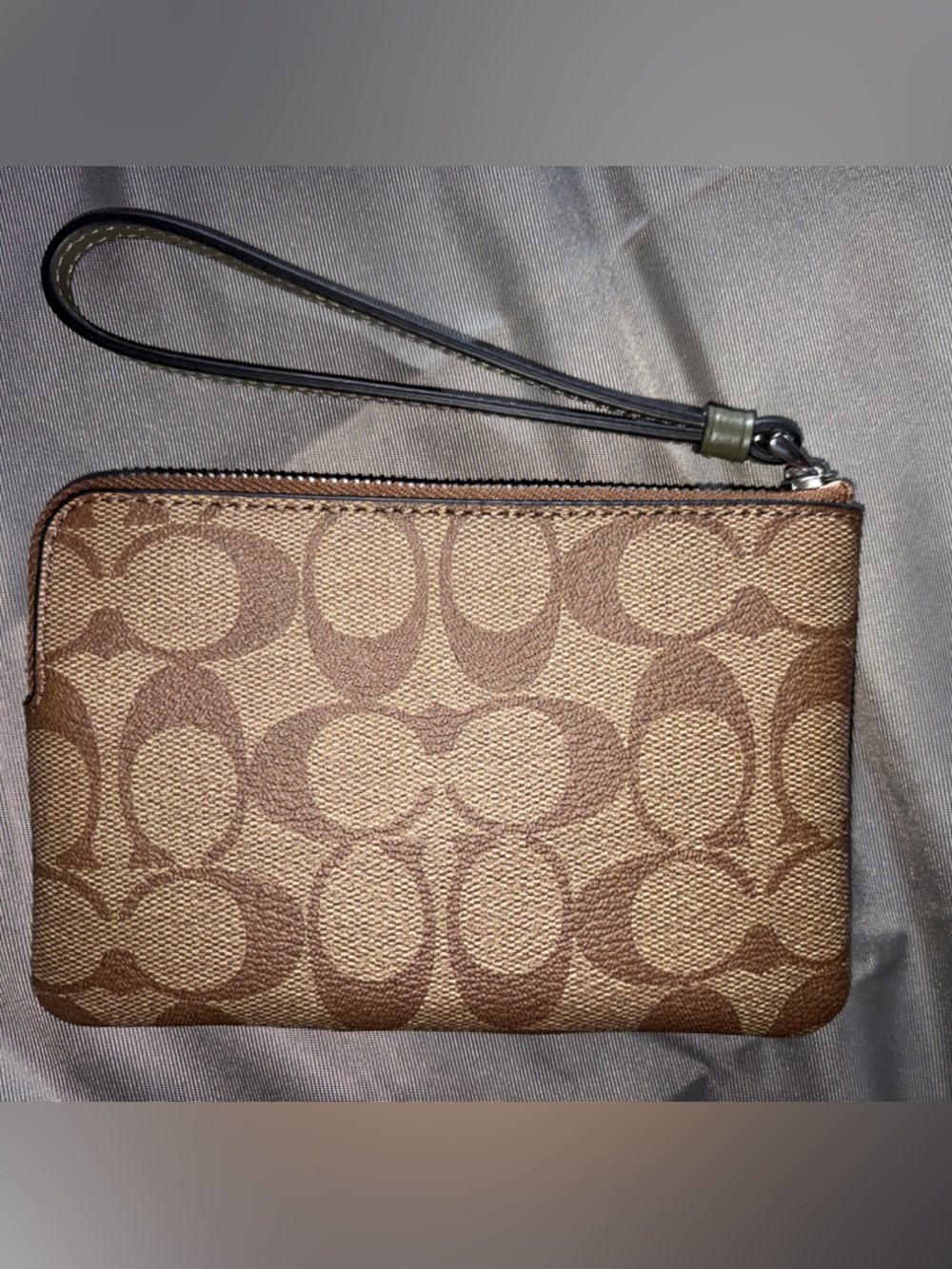 Coach Brown Monogram Wristlet with Olive Accent - Picture 2 of 6